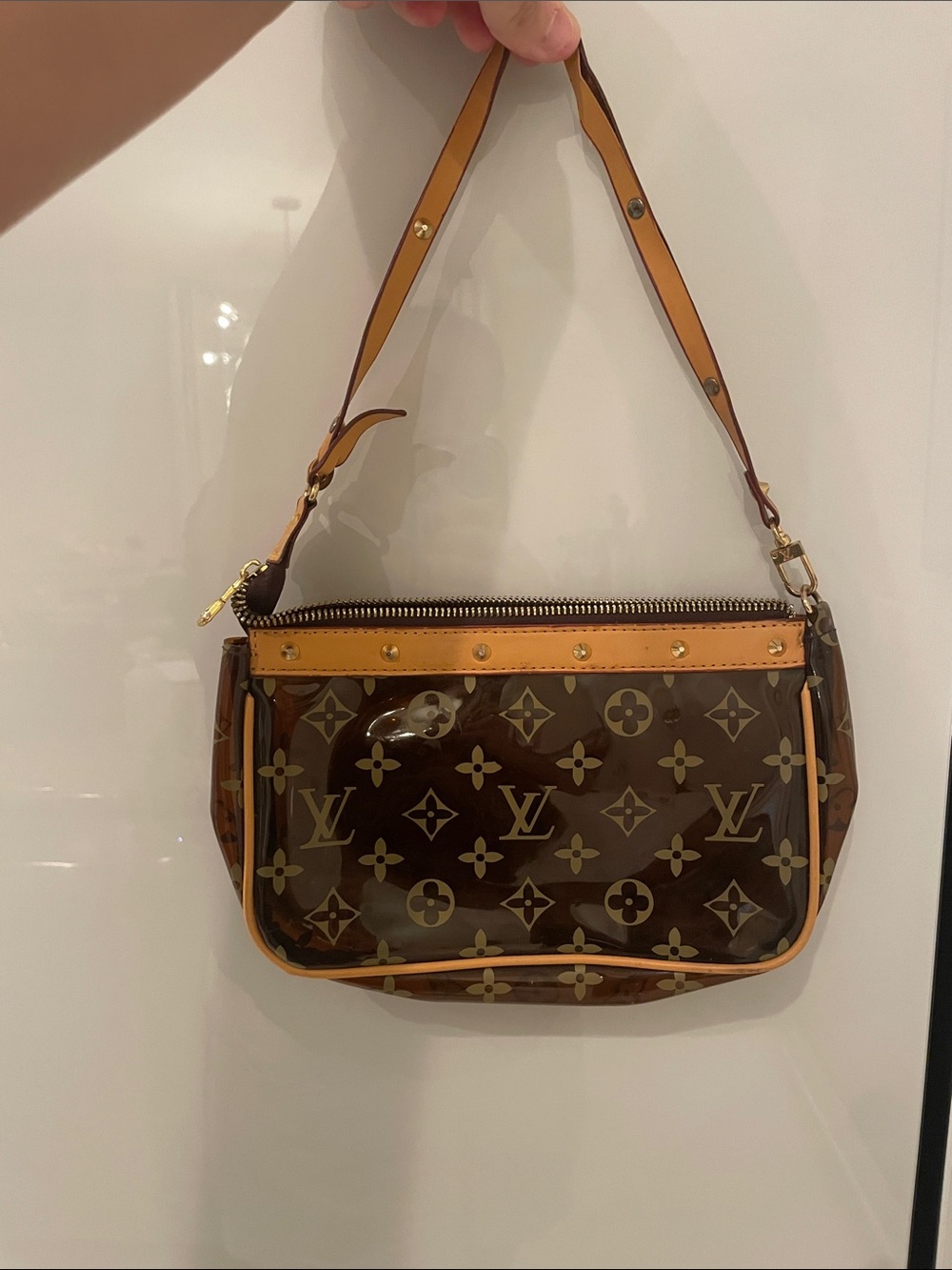 Source Unknown Brown Monogram Shoulder Bag with Tan Trim